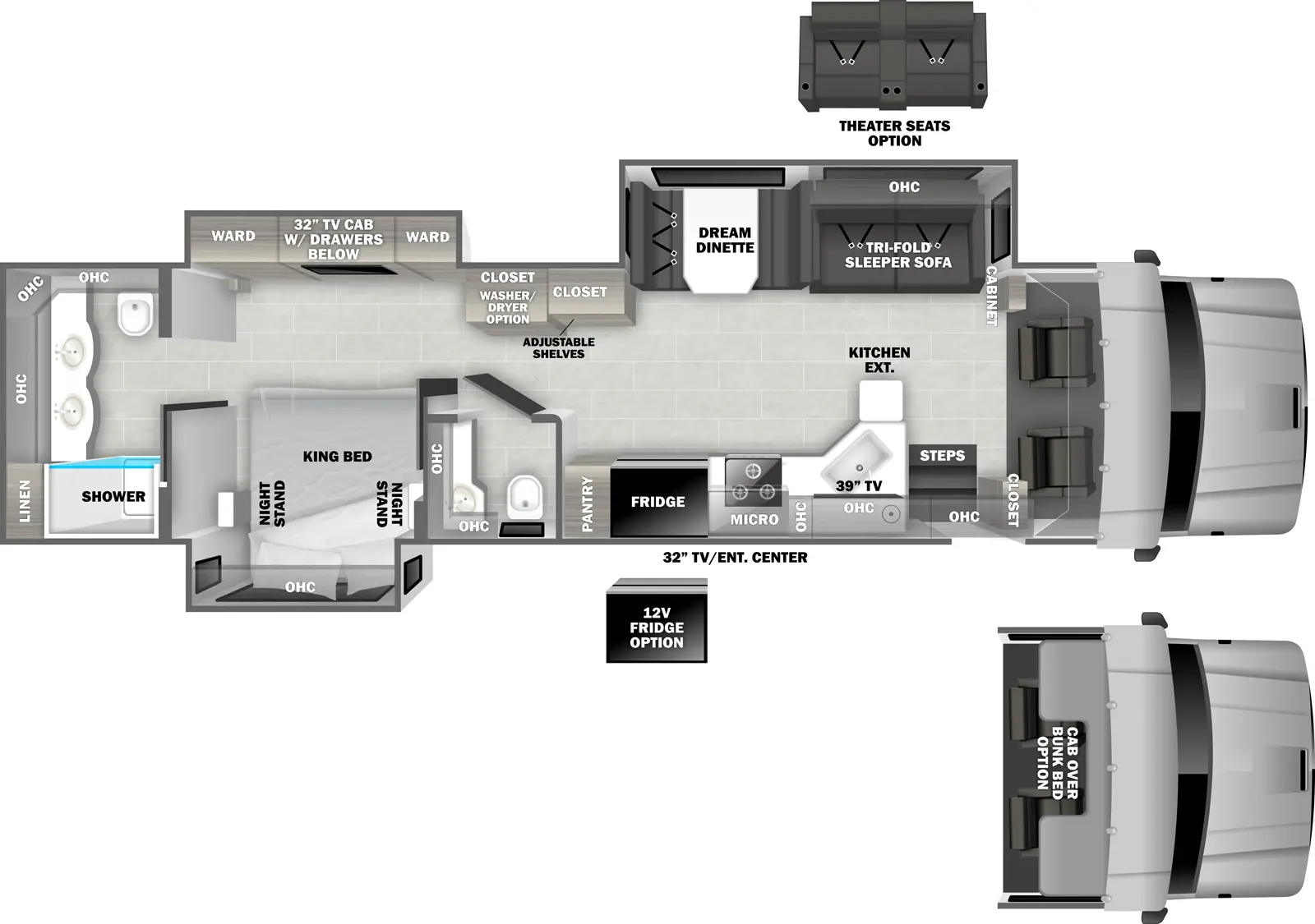 The DX3 37RB floorplan has one entry and three slide outs. Exterior features include: 18' awning and outside entertainment. Interiors features include: rear bathroom, bathroom and a half and bunk over cab.